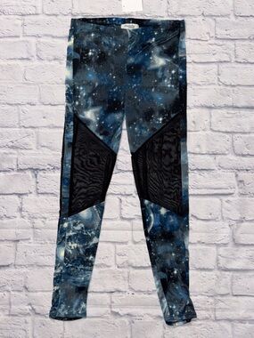 Blue Galaxy Print Kids Leggings with Mesh Panels